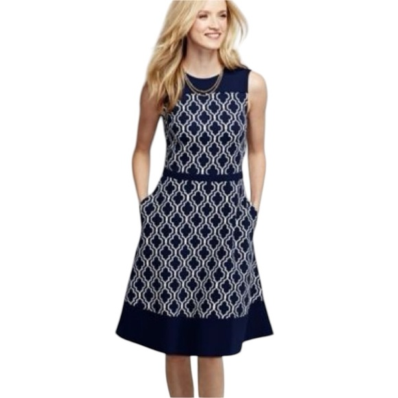 Lands End Fit & Flare stretchy Navy sleeveless Dress pockets sz 8 wedding 1008 - Picture 1 of 14
